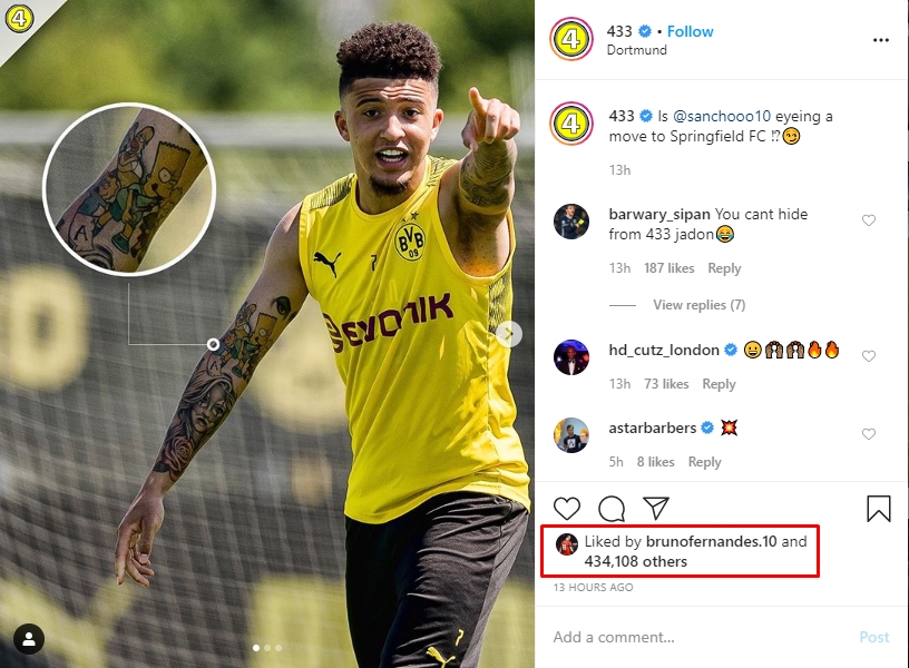 Bruno Fernandes has liked an Instagram post on Jadon Sancho
