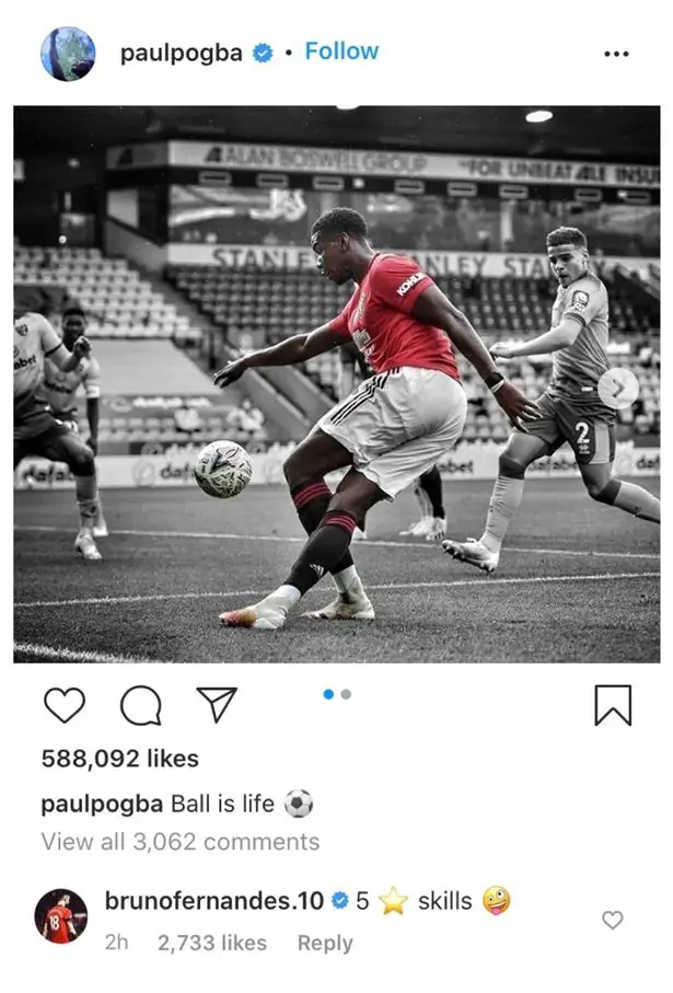 Fans react as Bruno fernandes interacts with Paul pogba on Instagram