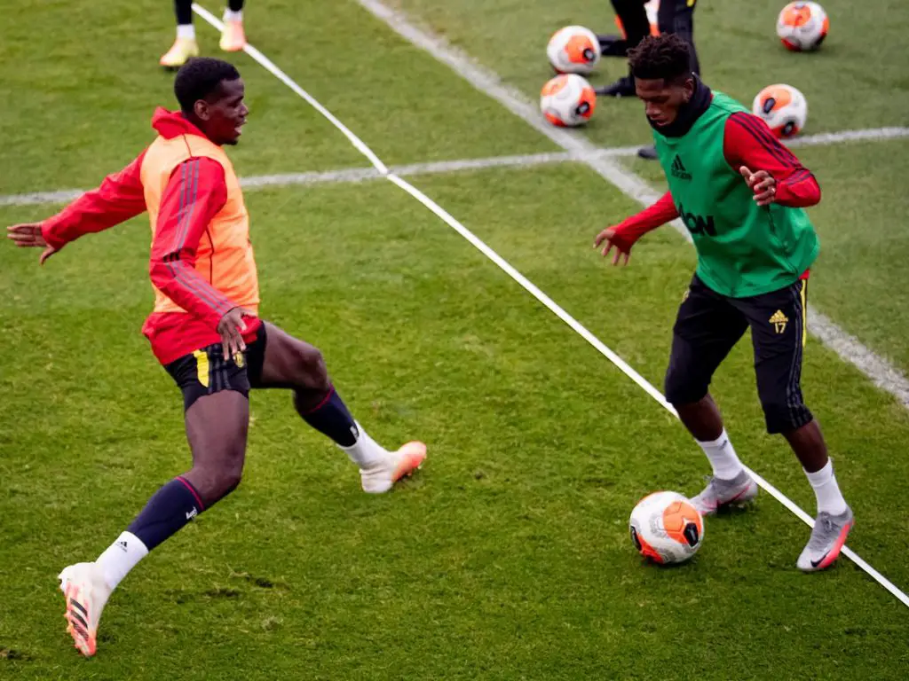 Paul Pogba and Fred in Manchester United training