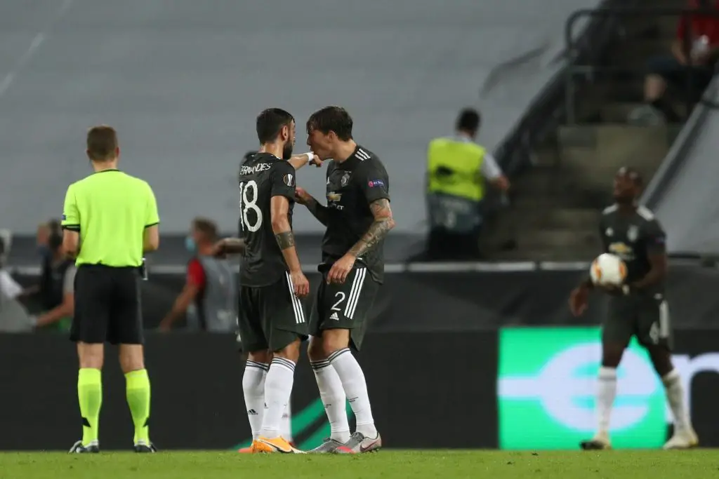 Bruno Fernandes and Victor Lindelof squared off in the Europa League loss to Sevilla