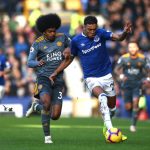 Dominic Calvert-Lewin of Everton is closed down by Hamza Choudhury of Leicester City.