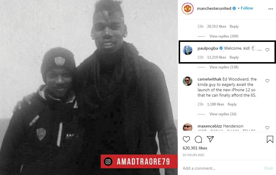 Paul Pogba welcomed Amad Diallo to Manchester United
