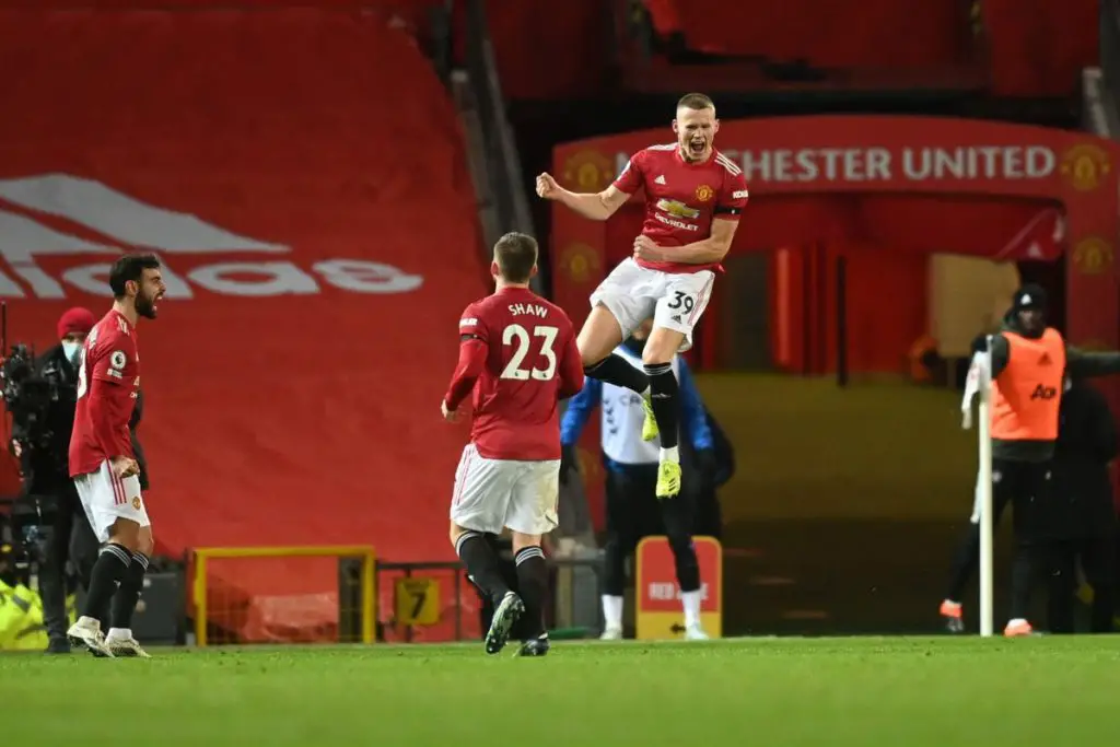 Scott McTominay celebrates after scoring against West Ham United.