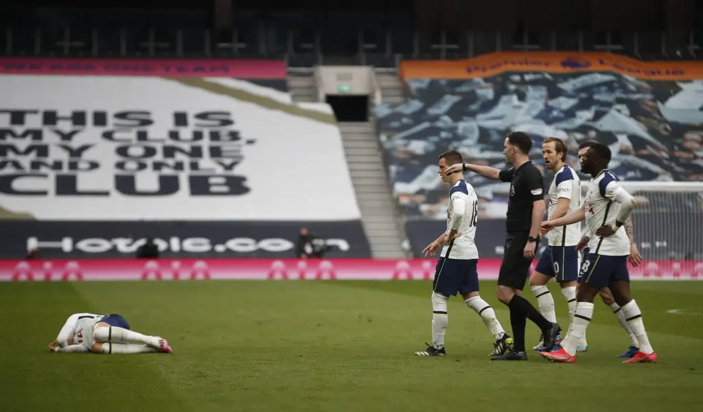 Son Heung-min on the floor after contact with Scott McTominay in Spurs' 3-1 defeat to Manchester United.