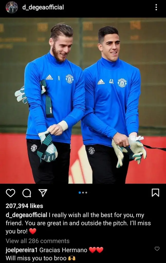 David de Gea posted this farewell message for outgoing Manchester United goalkeeper, Joel Pereira