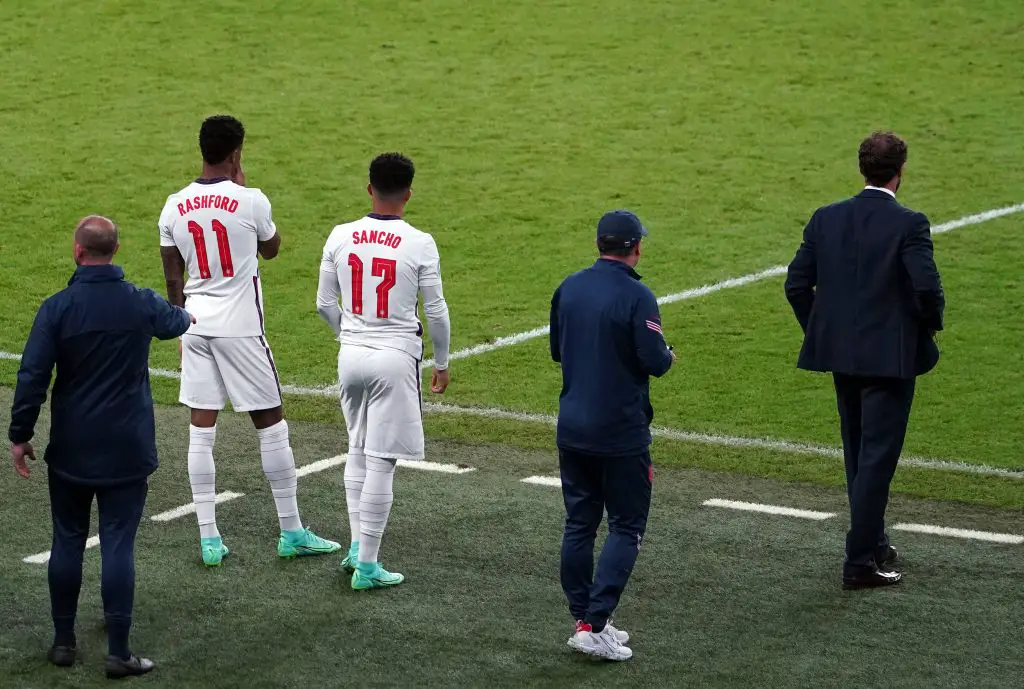 Jadon Sancho and Marcus Rashford of Manchester United being brought on for England against Italy in the 202 UEFA Euro final.
