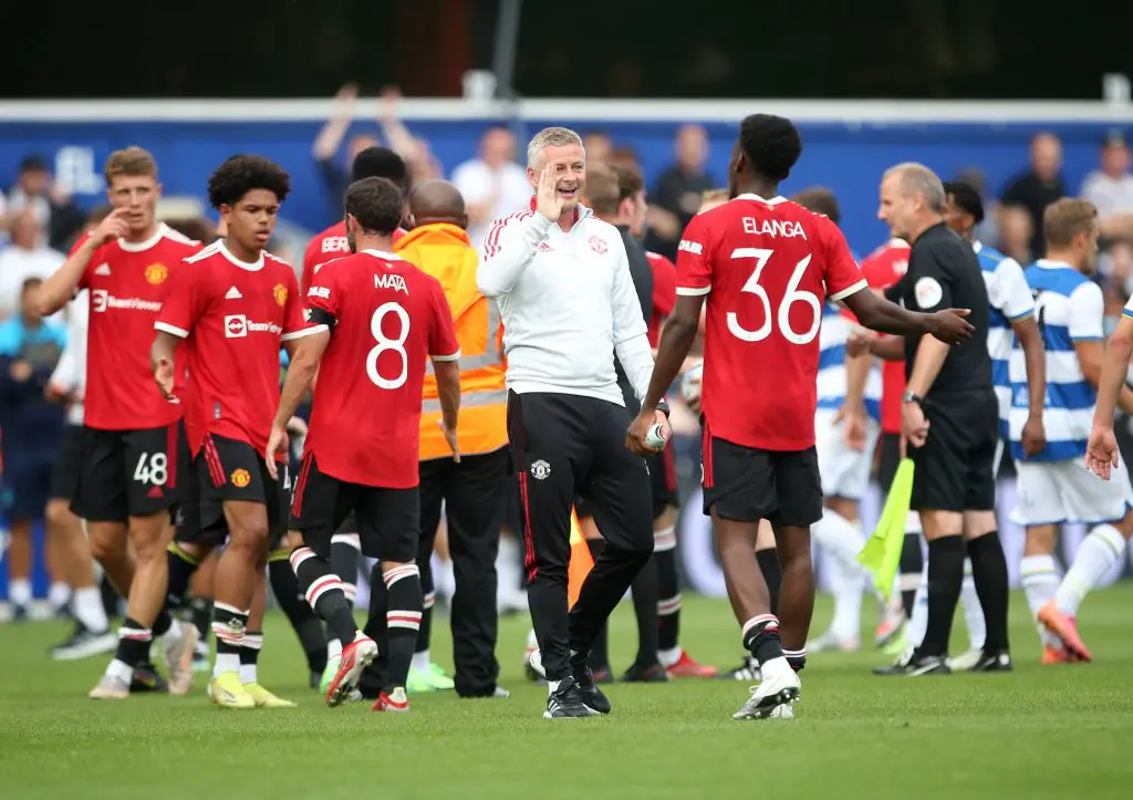 Manchester United manager Ole Gunnar Solskjaer greets Anthony Elanga after the final whistle during the pre-season friendly match at the Kiyan Prince Foundation Stadium.