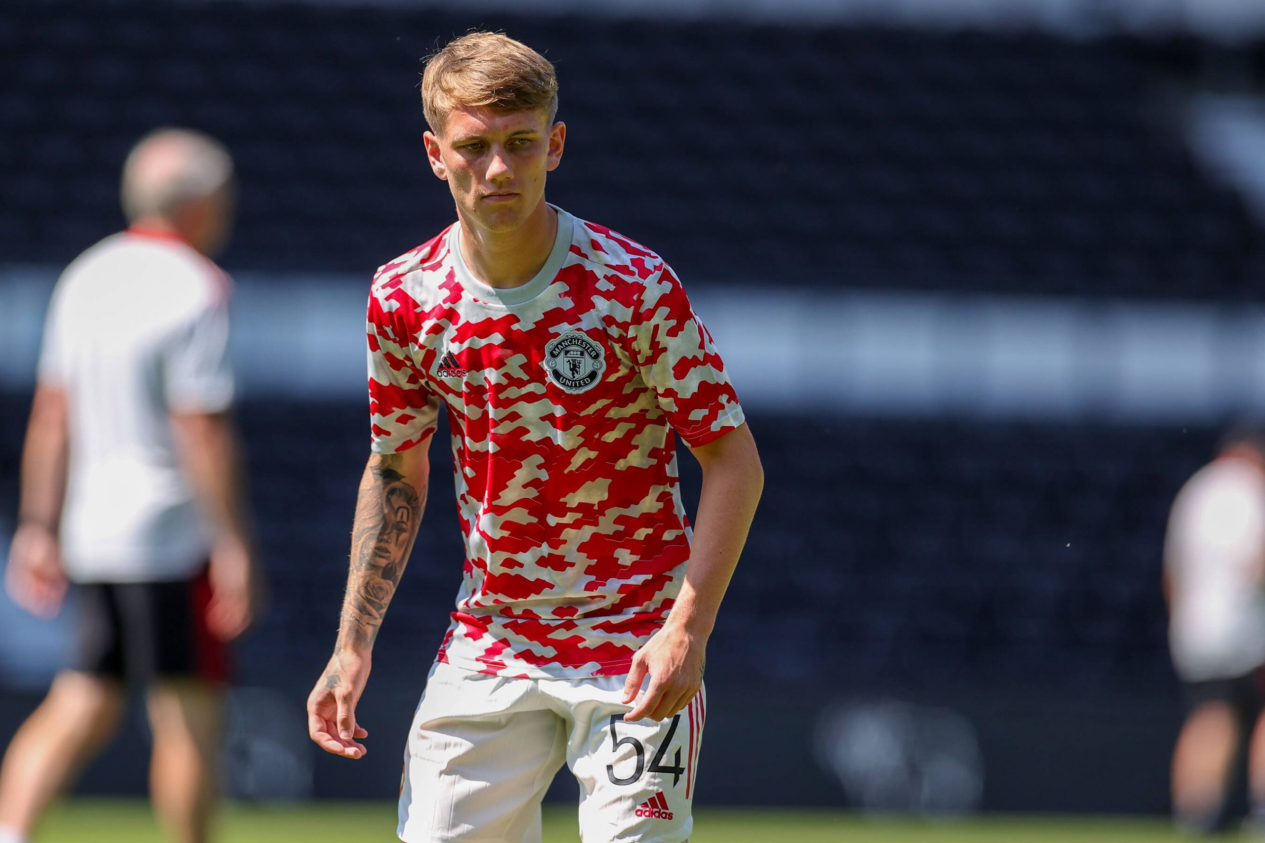 Ethan Galbraith for Manchester United before the pre-season game against Derby County.