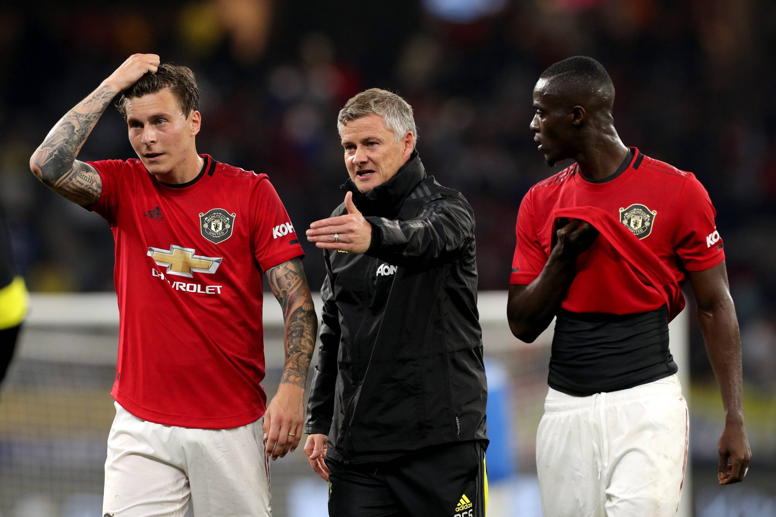 Eric Bailly and Victor Lindelof with Manchester United manager, Ole Gunnar Solskjaer.