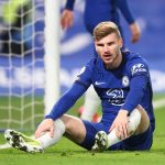 Timo Werner reacts for Chelsea against Manchester United in the Premier League.