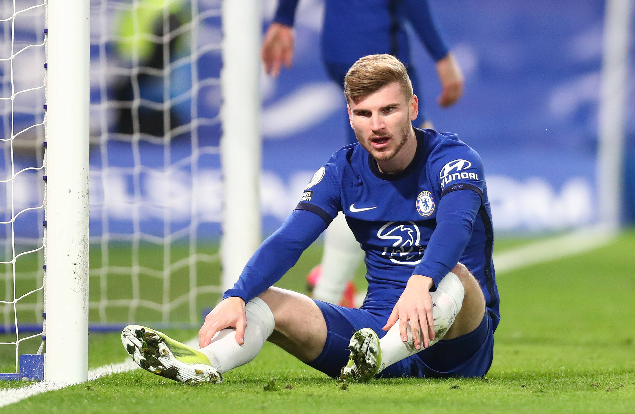 Timo Werner reacts for Chelsea against Manchester United in the Premier League.