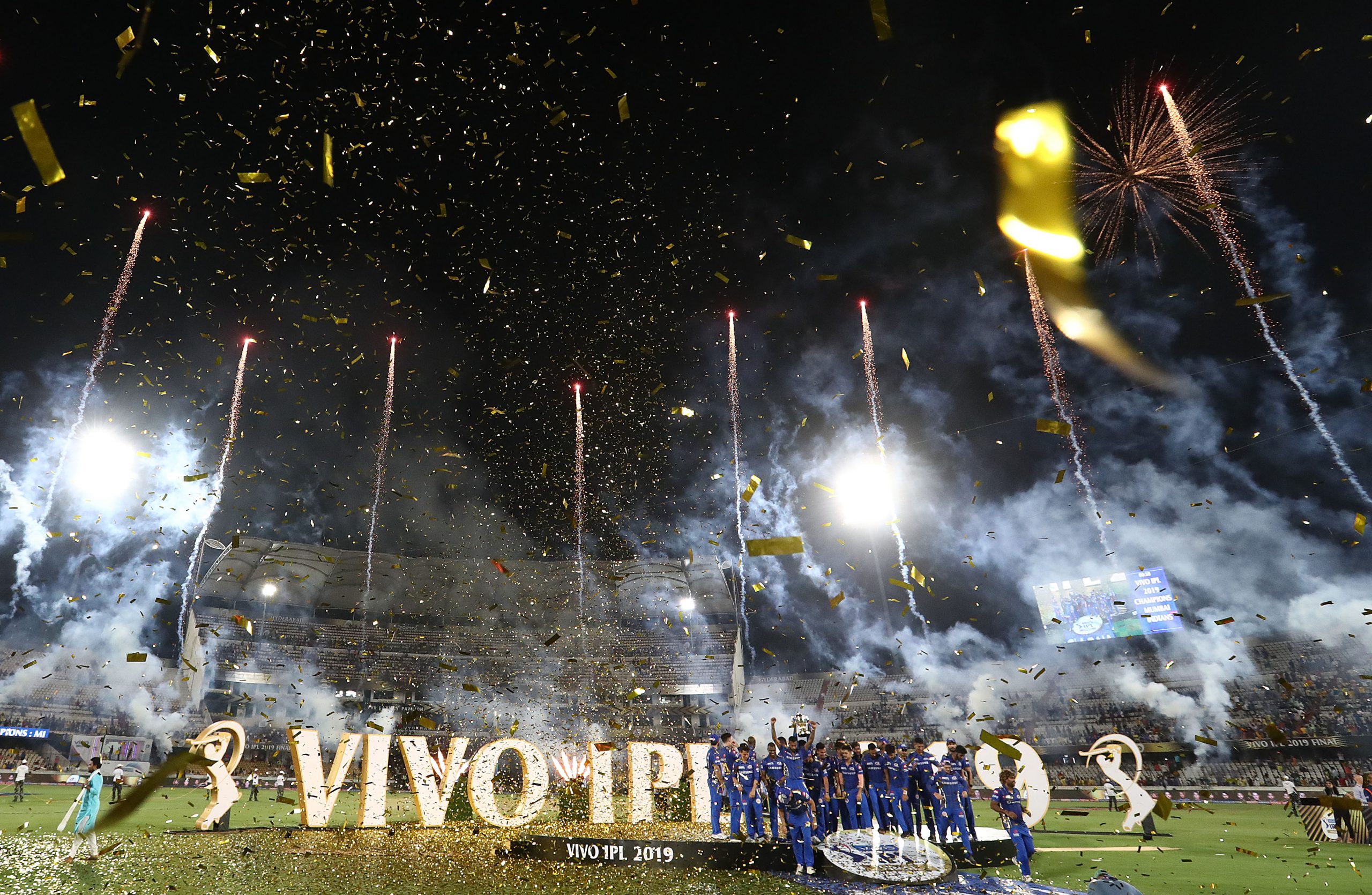 The Mumbai Indians celebrate after they defeated the Chennai Super Kings during the Indian Premier League Final.