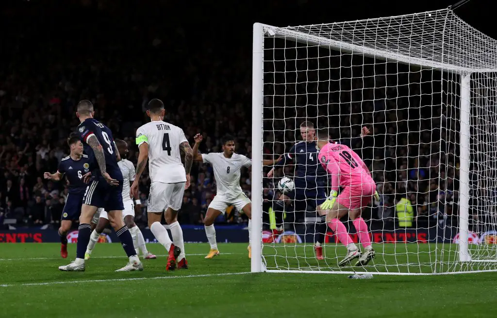 Scott McTominay of Manchester United scores their team's third goal during the 2022 FIFA World Cup Qualifier match between Scotland and Israel at Hampden Park.