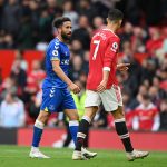 Andros Townsend of Everton interacts with Cristiano Ronaldo of Manchester United following the Premier League match between Manchester United and Everton.