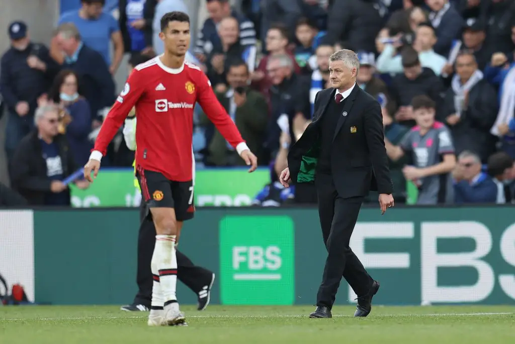 Cristiano Ronaldo rallying Manchester United dressing room together to back Ole Gunnar Solskjaer. (Photo by Alex Pantling/Getty Images)