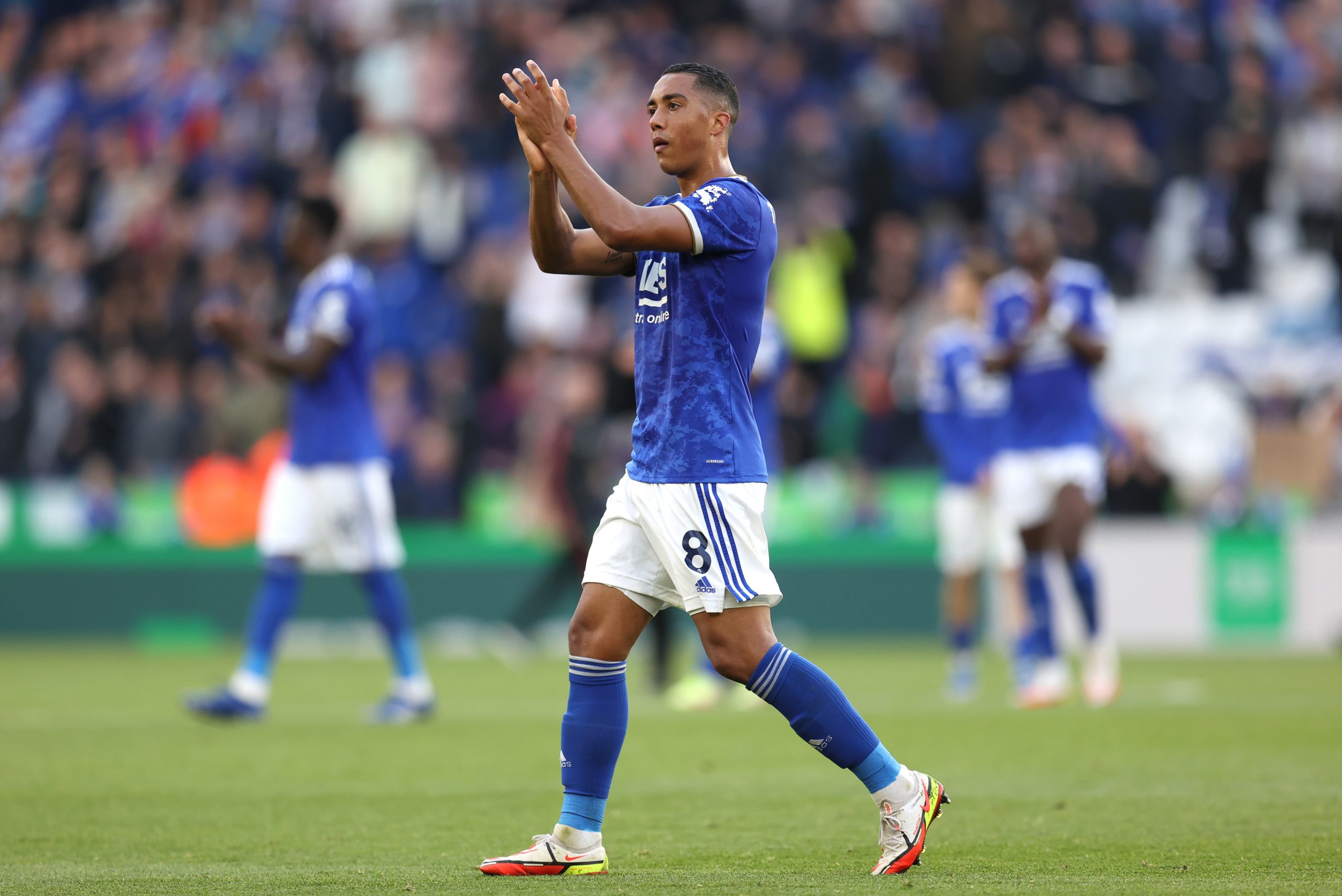 Youri Tielemans of Leicester City applauds fans at full-time..