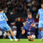 Dani Olmo of RB Leipzig and Jack Grealish of Manchester City battle for possession during the UEFA Champions League group A match between Manchester City and RB Leipzig.
