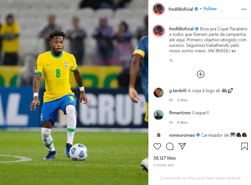 Fred celebrates helping Brazil qualify for the Qatar World Cup. (Image: Fred's Instagram account)