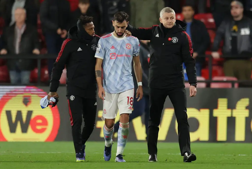 Ole Gunnar Solskjaer and Fred steered Bruno Fernandes away after the Portuguese was telling the fans to blame the players and not just the manager.