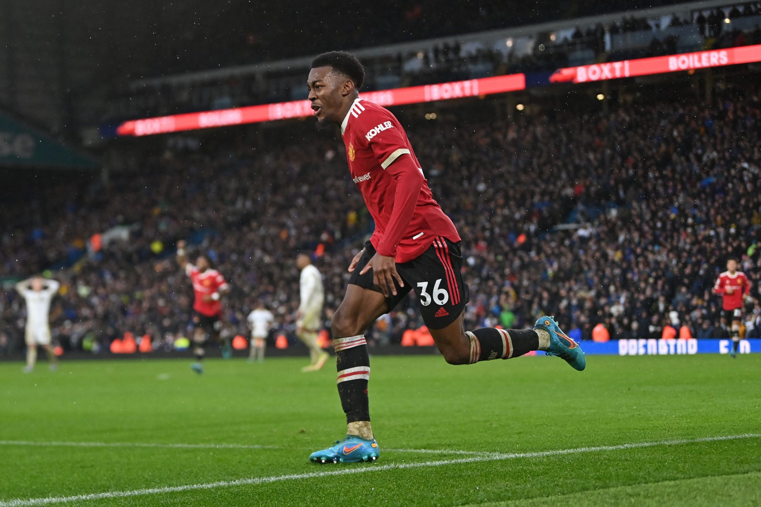 Manchester United's Swedish striker Anthony Elanga celebrates a goal.