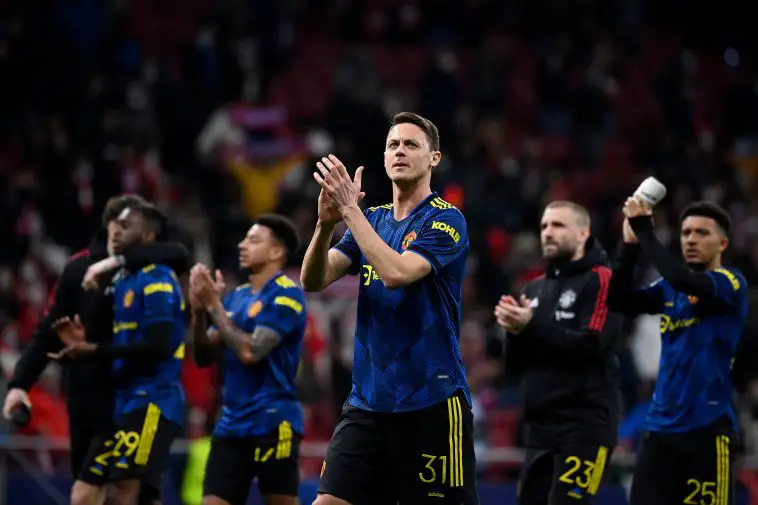 Manchester United's Serbian midfielder Nemanja Matic thanks the travelling fans in Madrid. (Photo by OSCAR DEL POZO/AFP via Getty Images)