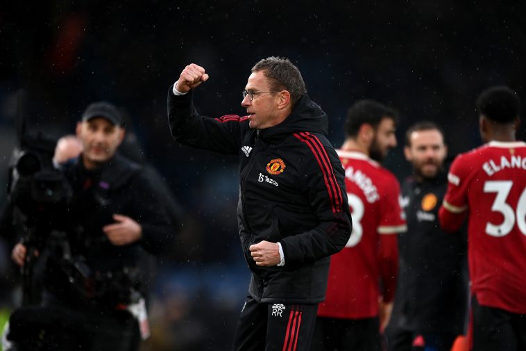 Ralf Rangnick celebrates a win for Manchester United. (Photo by Shaun Botterill/Getty Images)
