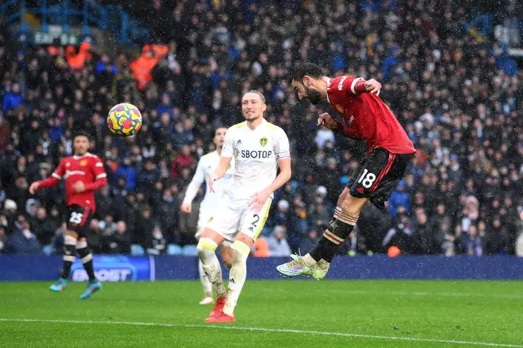 Bruno Fernandes scores vs Leeds United. (Photo by Laurence Griffiths/Getty Images)