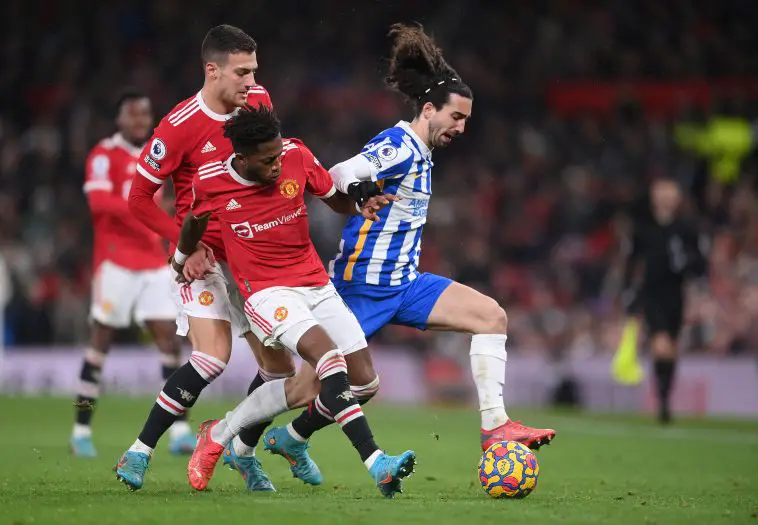 Diogo Dalot and Fred for Manchester United against Brighton.