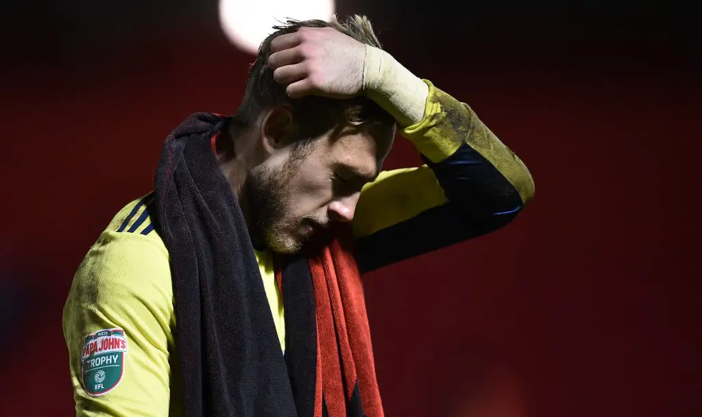 Paul Woolston of Manchester United forced to retire early. (Photo by Nathan Stirk/Getty Images)