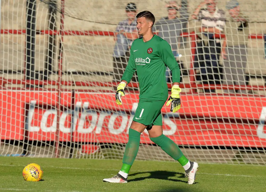 Benjamin Siegrist of Dundee United eyed by Manchester United. (Photo by Mark Runnacles/Getty Images)