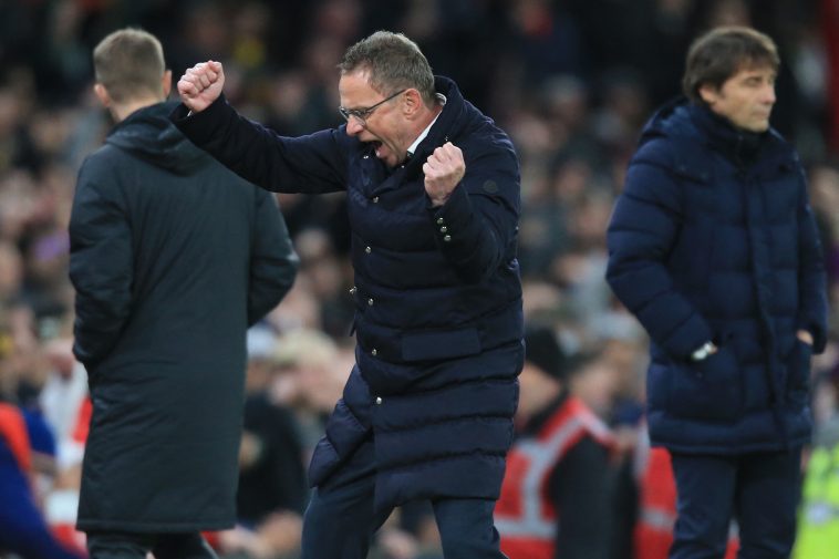 Ralf Rangnick celebrates on the sidelines as Manchester United manager. (Photo by LINDSEY PARNABY/AFP via Getty Images)