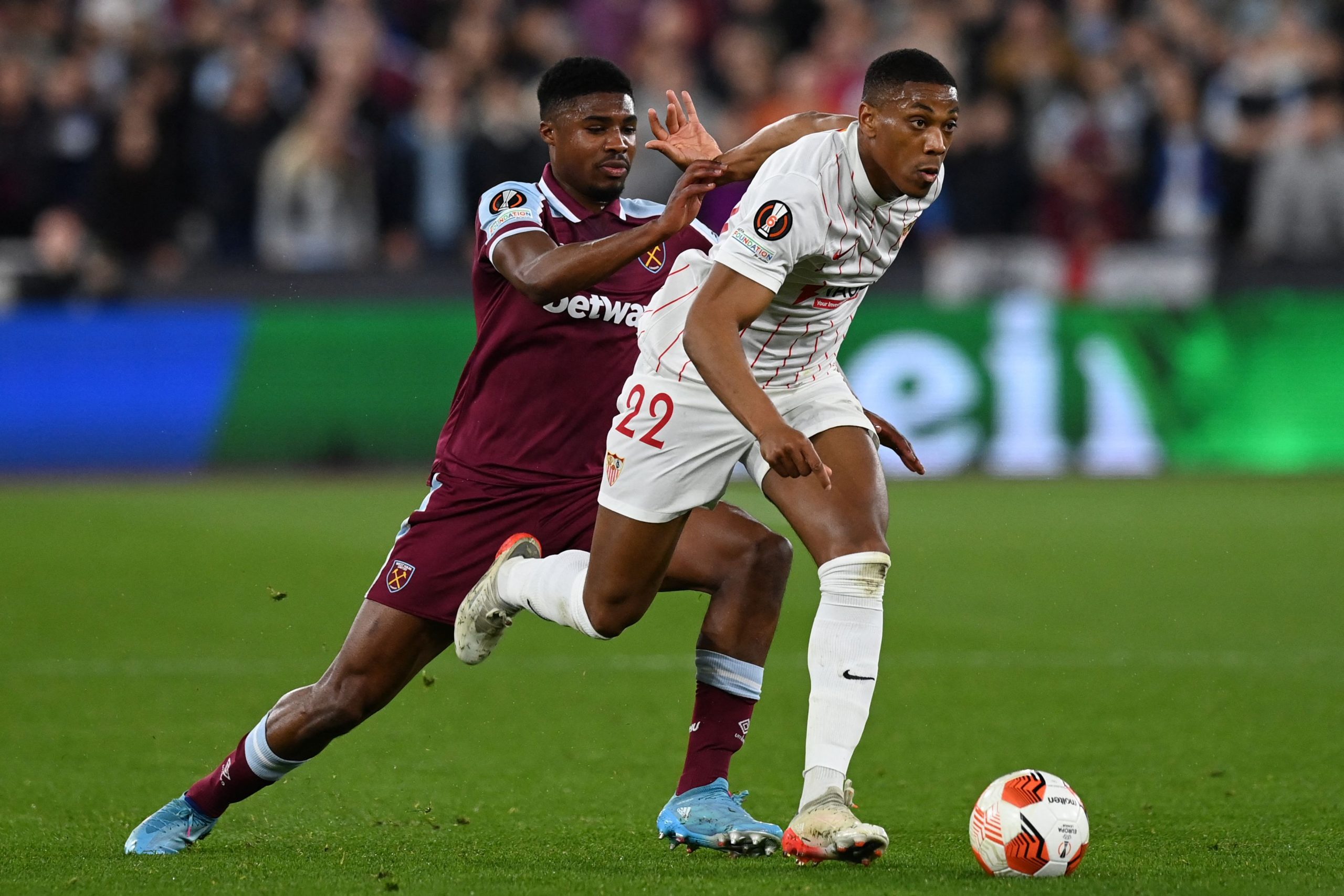 Anthony Martial in action for Sevilla. (Photo by GLYN KIRK/AFP via Getty Images)