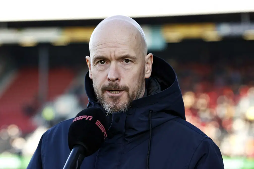 Ajax Amsterdam manager Erik ten Hag plays down Manchester United links amid English lessons rumours.  (Photo by MAURICE VAN STEEN/ANP/AFP via Getty Images)
