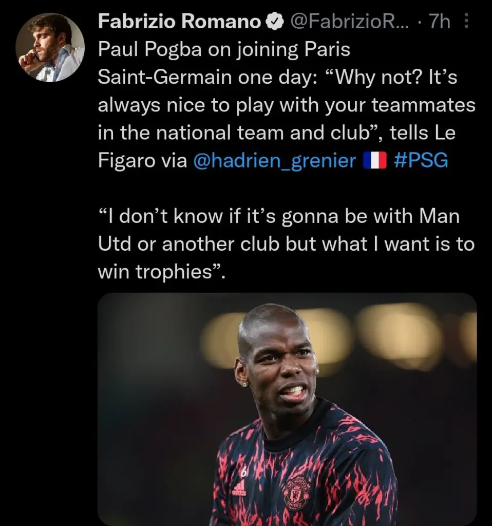 Fabrizio Romano tweeted this Paul Pogba update on his Twitter account.