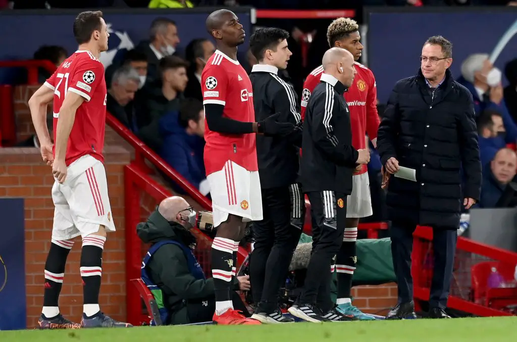 Manchester United interim manager Ralf Rangnick not pleased with officials after Champions League exit to Atletico Madrid.  (Photo by Michael Regan/Getty Images)