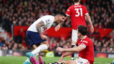 Cristian Romero of Tottenham laughed in Man United captain Harry Maguire's face. (Photo by Naomi Baker/Getty Images)