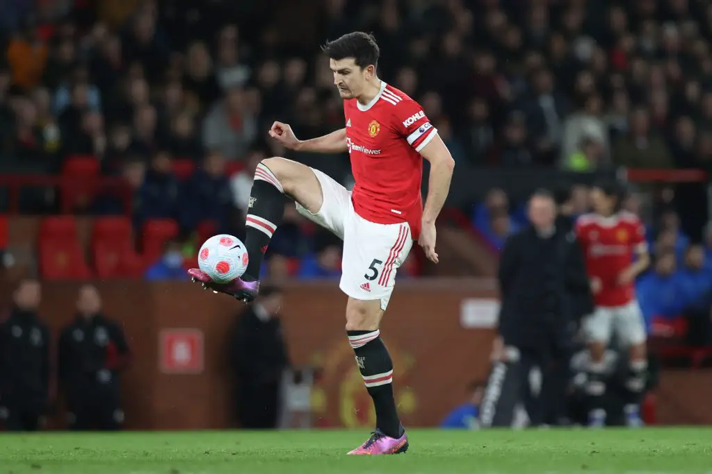 Harry Maguire of Manchester United controls the ball during the Premier League match. (Photo by Naomi Baker/Getty Images)