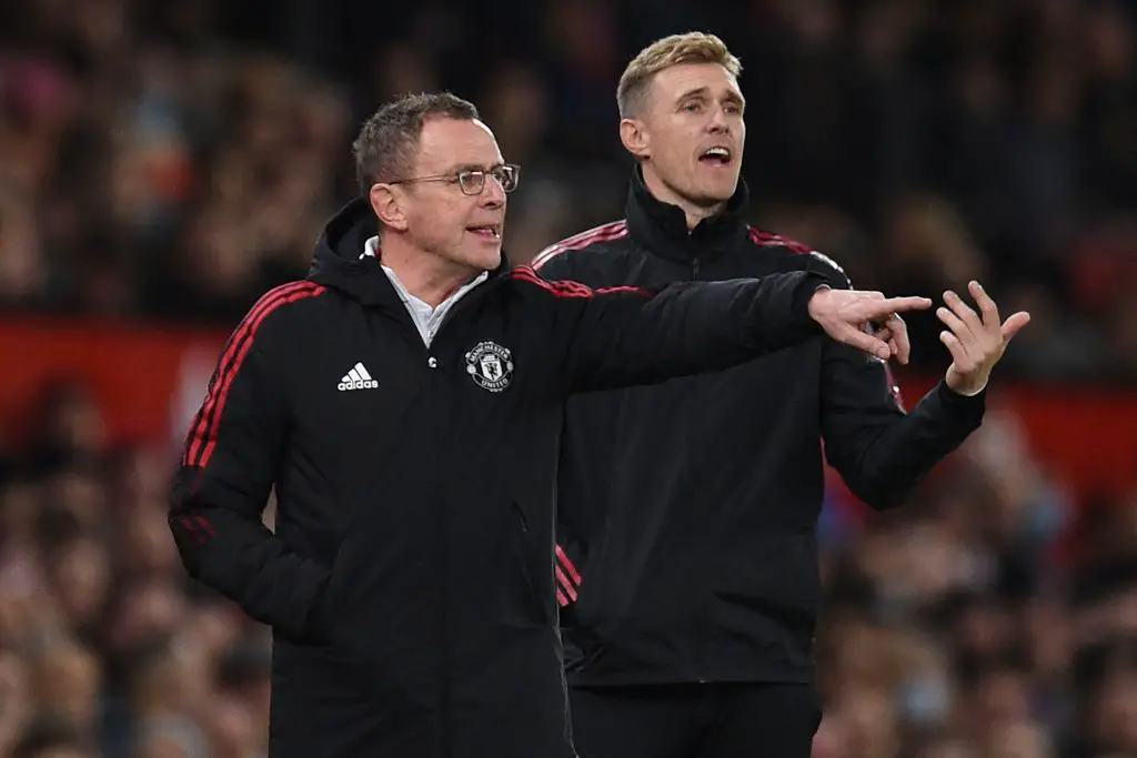 Ralf Rangnick surprised by Manchester United technical director Darren Fletcher taking part in training sessions. (Photo by OLI SCARFF/AFP via Getty Images)