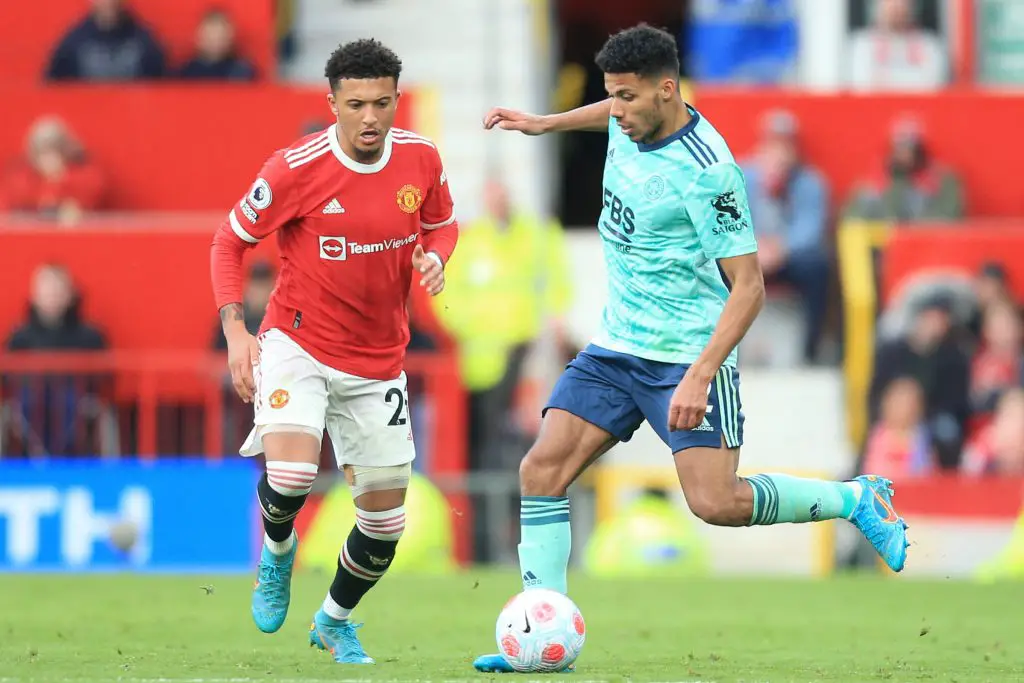 Manchester United's English forward Jadon Sancho looked low on confidence against Leicester City, unable to take players on. (Photo by LINDSEY PARNABY/AFP via Getty Images)