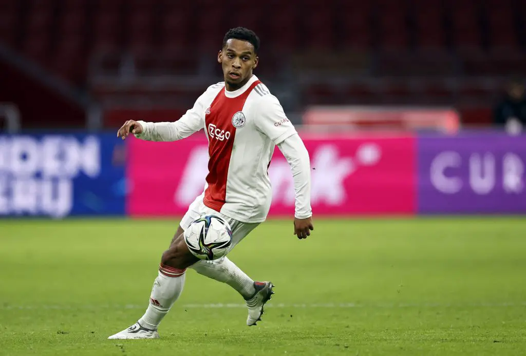 Ajax defender Jurrien Timber has been eyed by Manchester United. (Photo by MAURICE VAN STEEN/ANP/AFP via Getty Images)