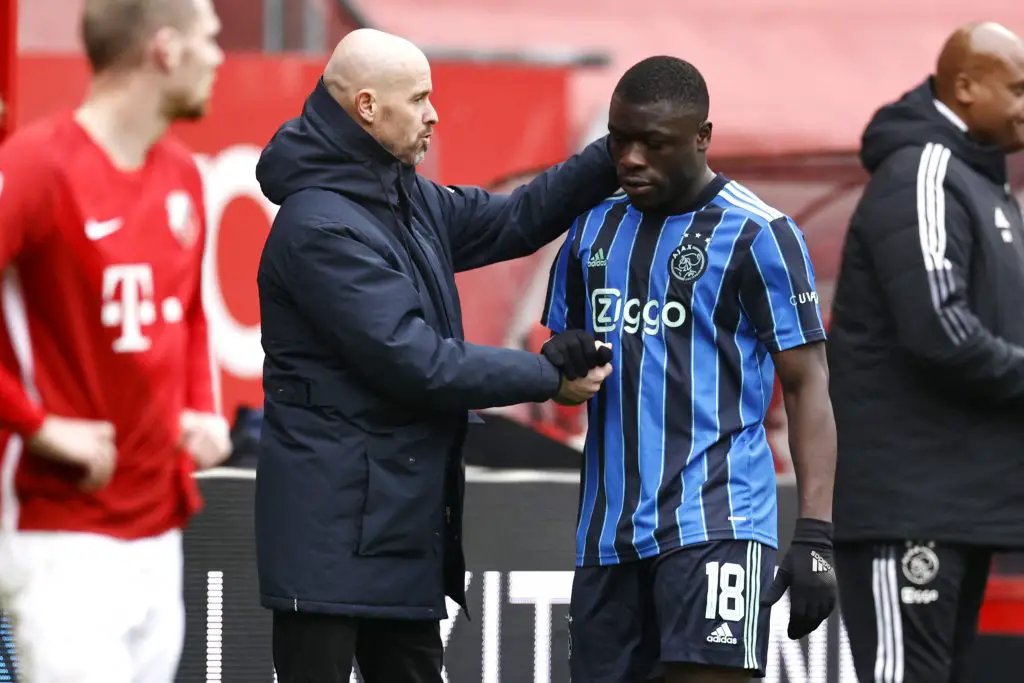 Brian Brobbey with Eric Ten Hag. (Photo by MAURICE VAN STEEN/ANP/AFP via Getty Images)