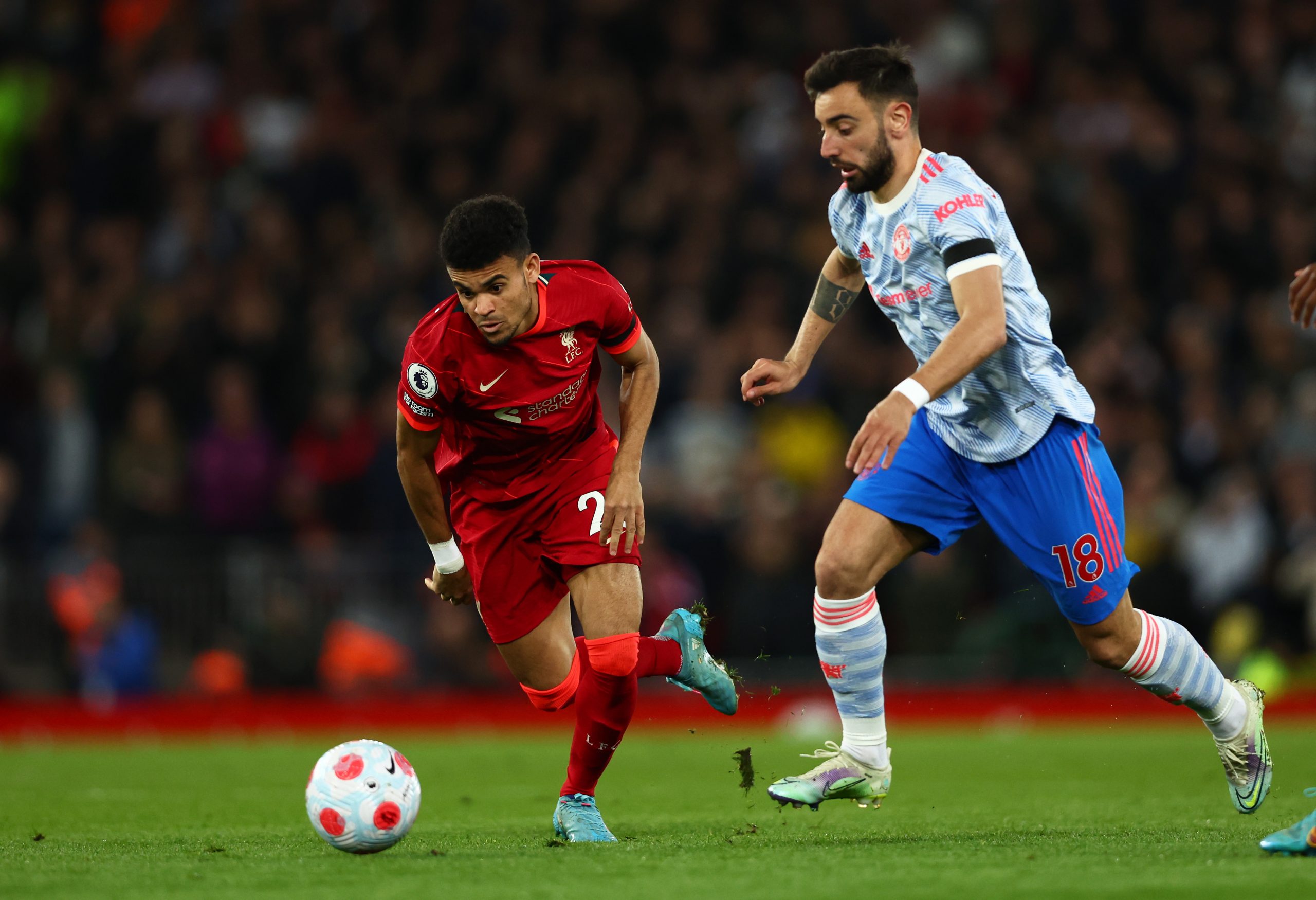 Manchester United midfielder, Bruno Fernandes, was bossed around in midfield against Liverpool. (Photo by Clive Brunskill/Getty Images)