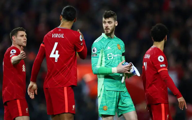 Virgil of van Dijk of Liverpool with David de Gea of Manchester United. (Photo by Clive Brunskill/Getty Images)