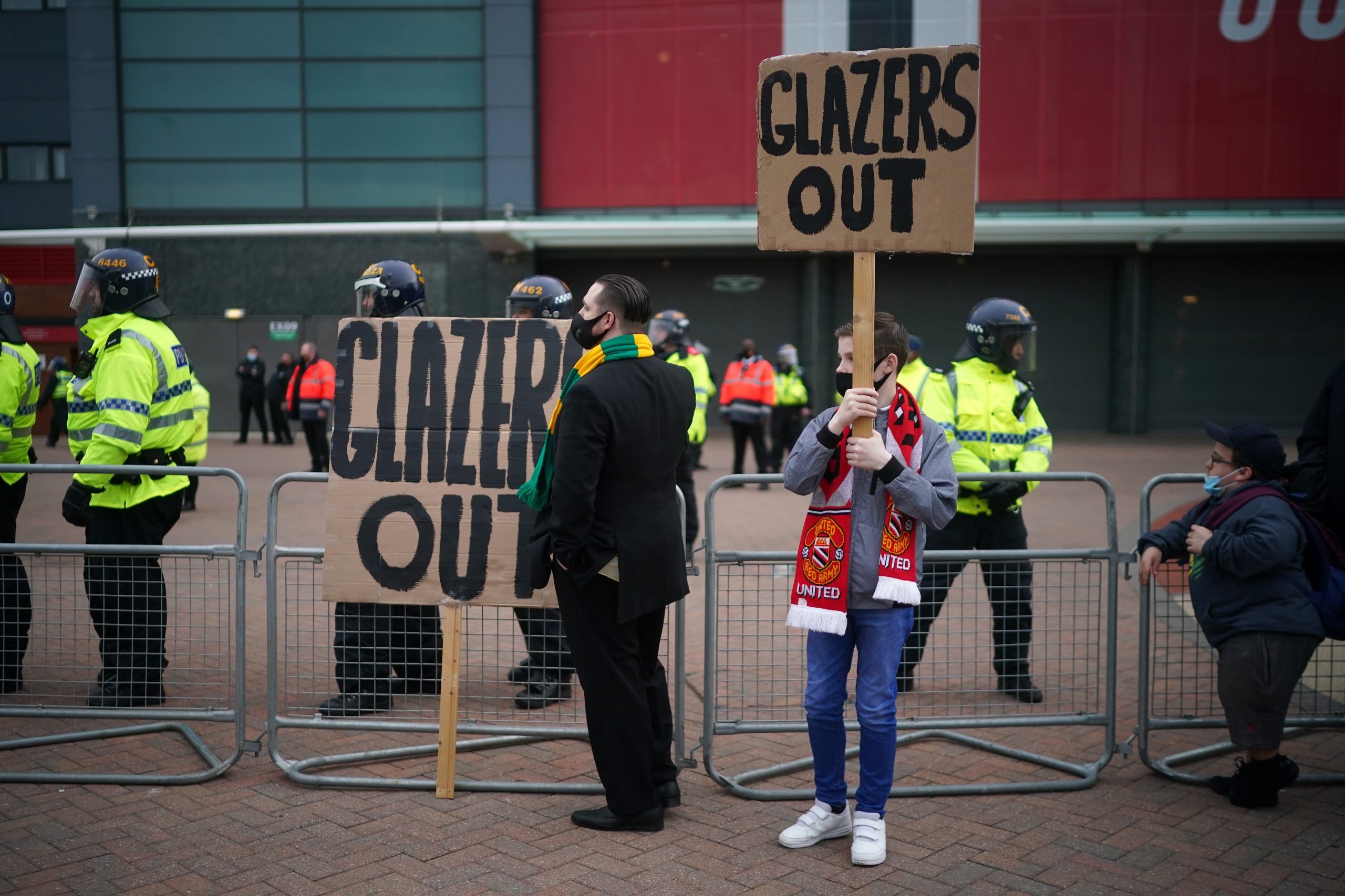 Fans protest outside Old Trafford Stadium ahead of the Premier League match between Manchester United and Liverpool. (Photo by Christopher Furlong/Getty Images)