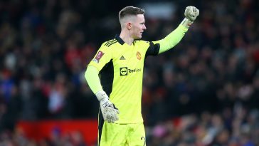 Dean Henderson of Manchester United celebrates his team scoring a goal. (Photo by Alex Livesey/Getty Images)