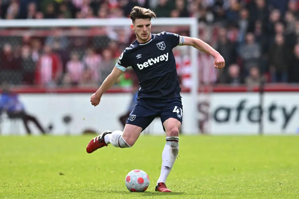 West Ham United to see their lucrative new offer to Declan Rice snubbed, amidst Manchester United interest. (Photo by BEN STANSALL/AFP via Getty Images)