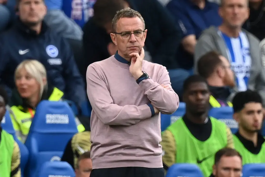 Manchester United interim manager Ralf Rangnick gives details on the instructions he gave players in 4-0 away loss to Brighton. (Photo by GLYN KIRK/AFP via Getty Images)