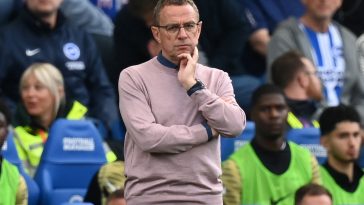 Ralf Rangnick looks on during the loss against Brighton. (Photo by GLYN KIRK/AFP via Getty Images)