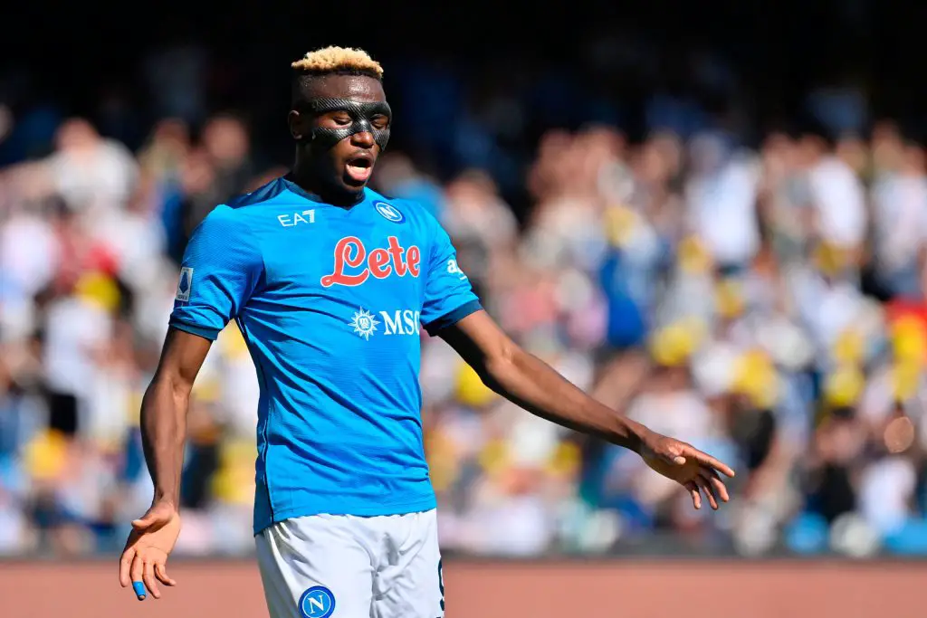 Victor Osimhen is happy at Napoli amidst Manchester United interest. (Photo by ALBERTO PIZZOLI/AFP via Getty Images)