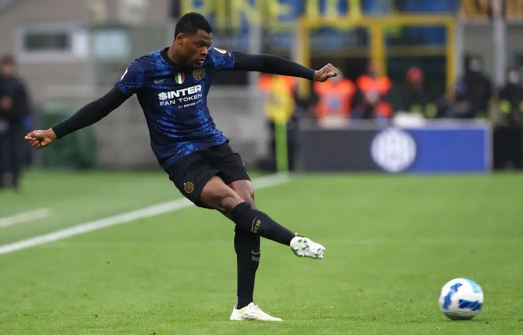 Manchester United face obstacles in the race to sign Inter’s Denzel Dumfries. (Photo by Marco Luzzani/Getty Images)